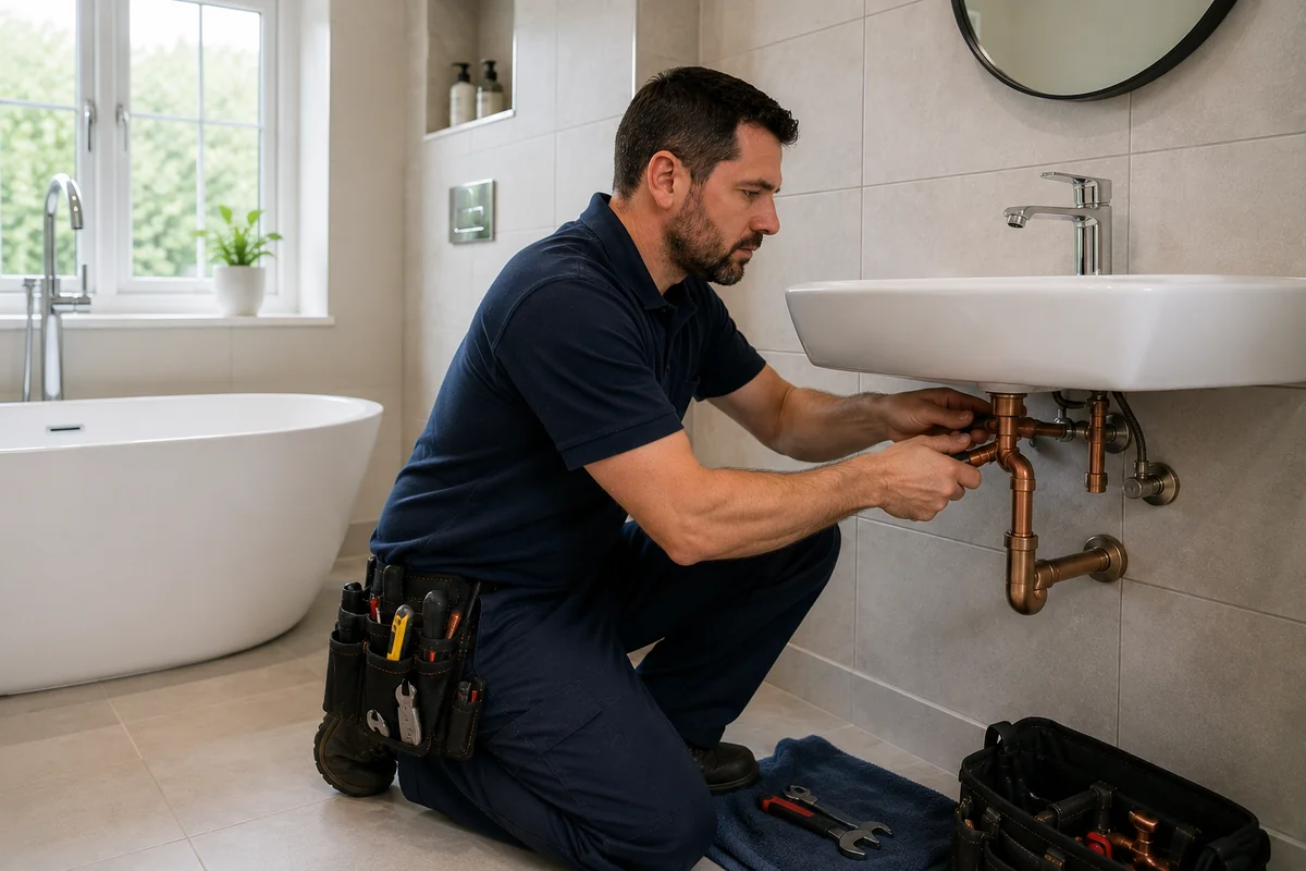 Plumber fitting new bathroom suite in Cambridge property