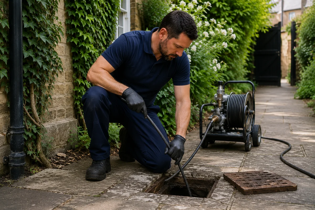 Plumber clearing blocked drain outside Cambridge property