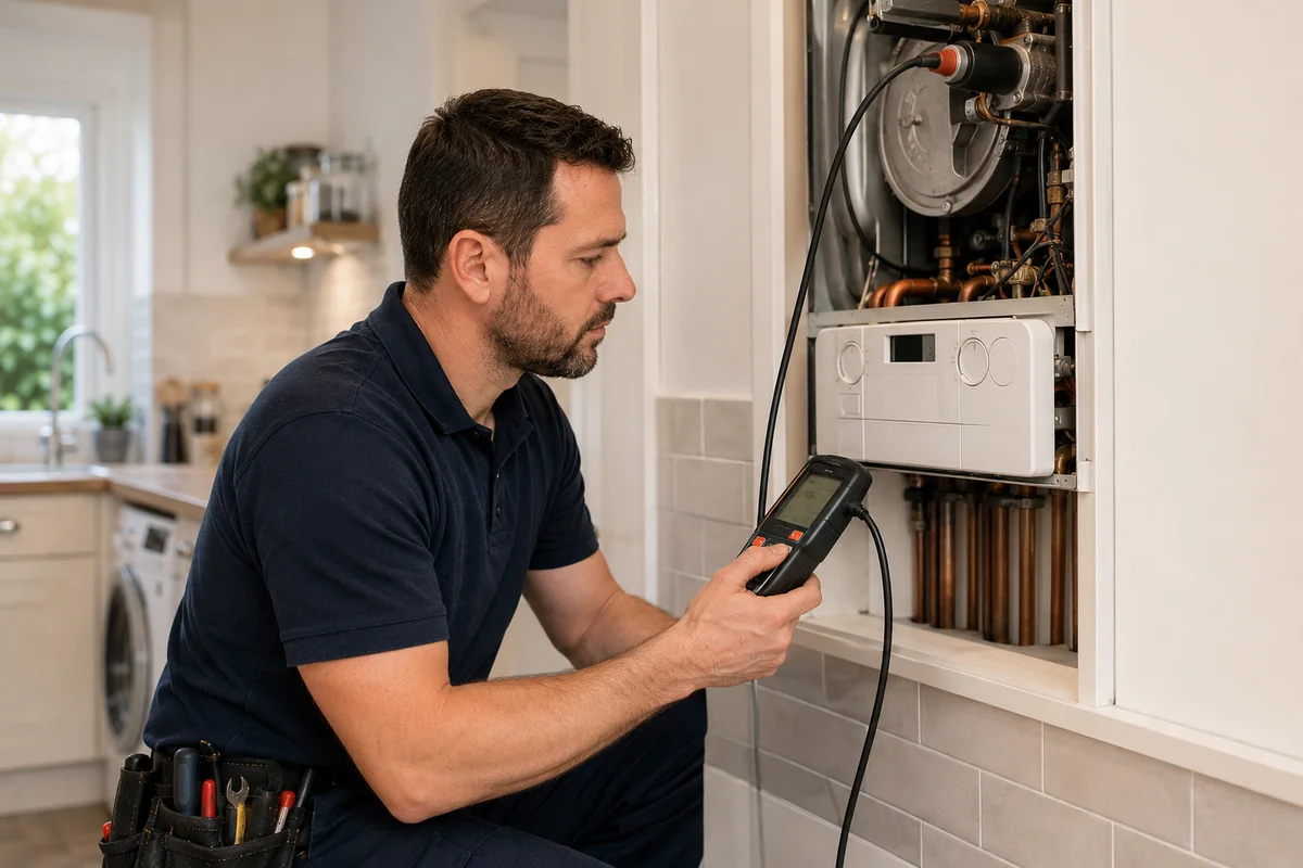 Gas Safe engineer servicing combi boiler in Cambridge home