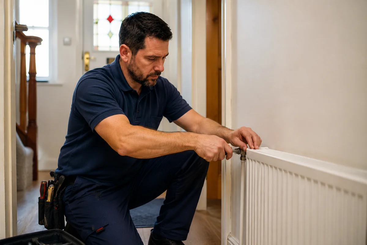 Plumber installing central heating radiator in Cambridge home